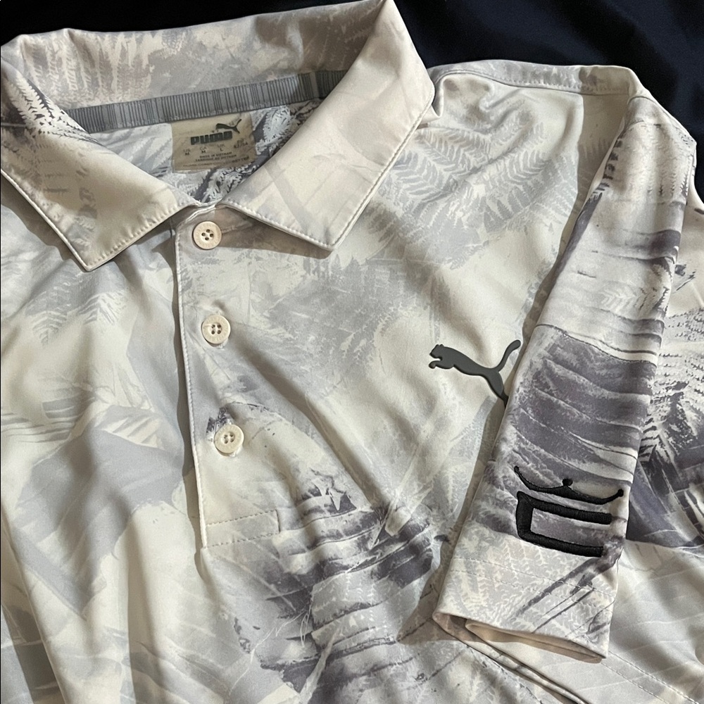 Puma Men's White and Gray Patterned Polo
